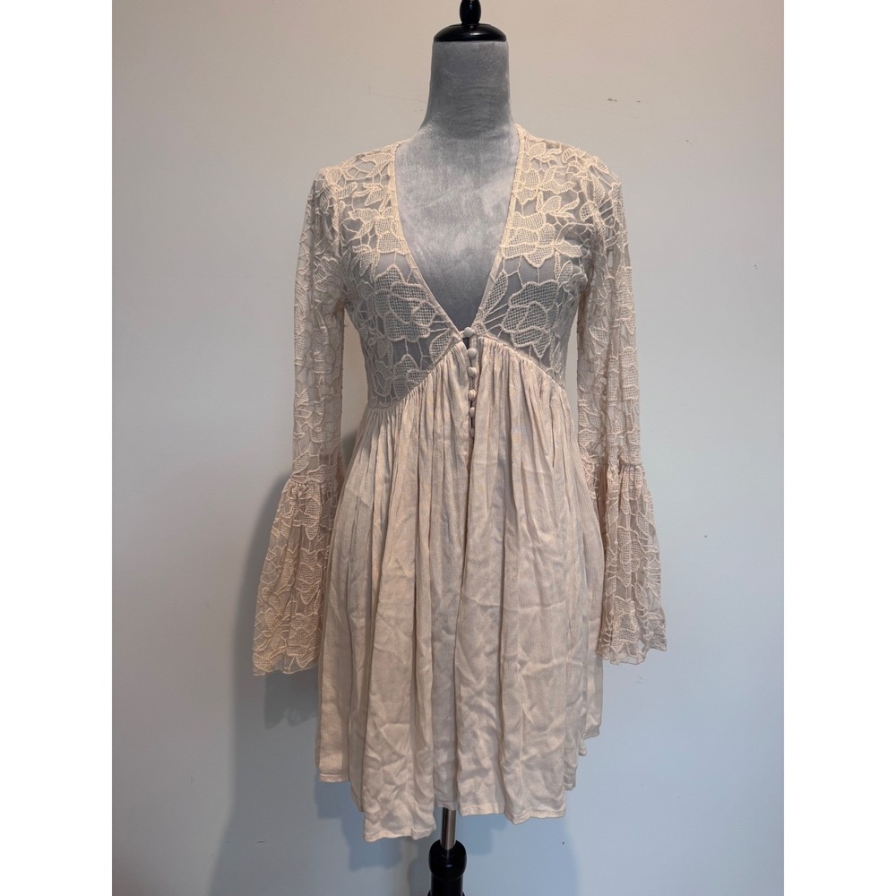 Free People Cream Lace Babydoll Mini Dress Bell Sleeve Boho Size S Fairycore